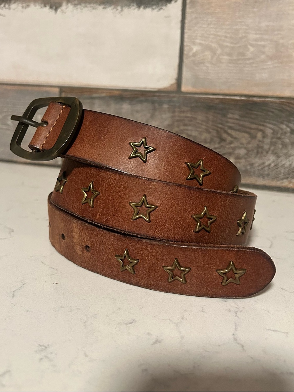Lucky Brand Brown Leather Belt With Gold Star Embellishments